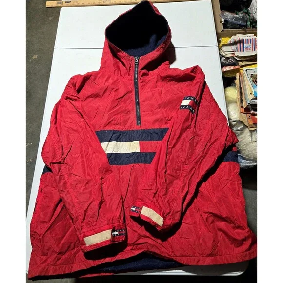 VTG Tommy Hilfiger Sailing Jacket Flag 2X Color Block Hood 1/4 Zip Fleece Lined